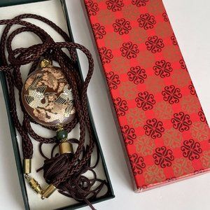Vintage Cloisonne Bird Double-Sided Brown Rope Tassel Necklace Great